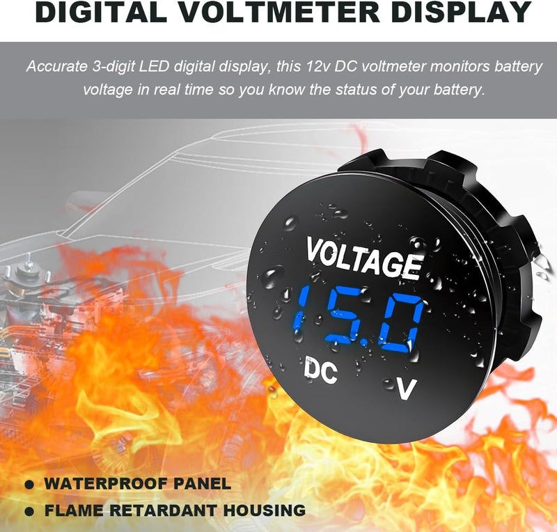 FSTURIOS DC 12V 24 V Voltmeter Gauge, Car LED Digital Display Round Panel Voltage Gauge Meter, Waterproof Mini Volt Tester Battery Monitor Indicator for Car Truck Marine Boat (Blue) - Image 5